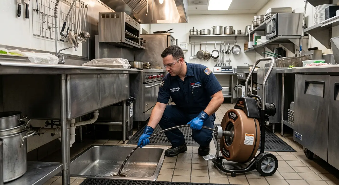 Commercial drain cleaning service in a restaurant kitchen in Barberton
