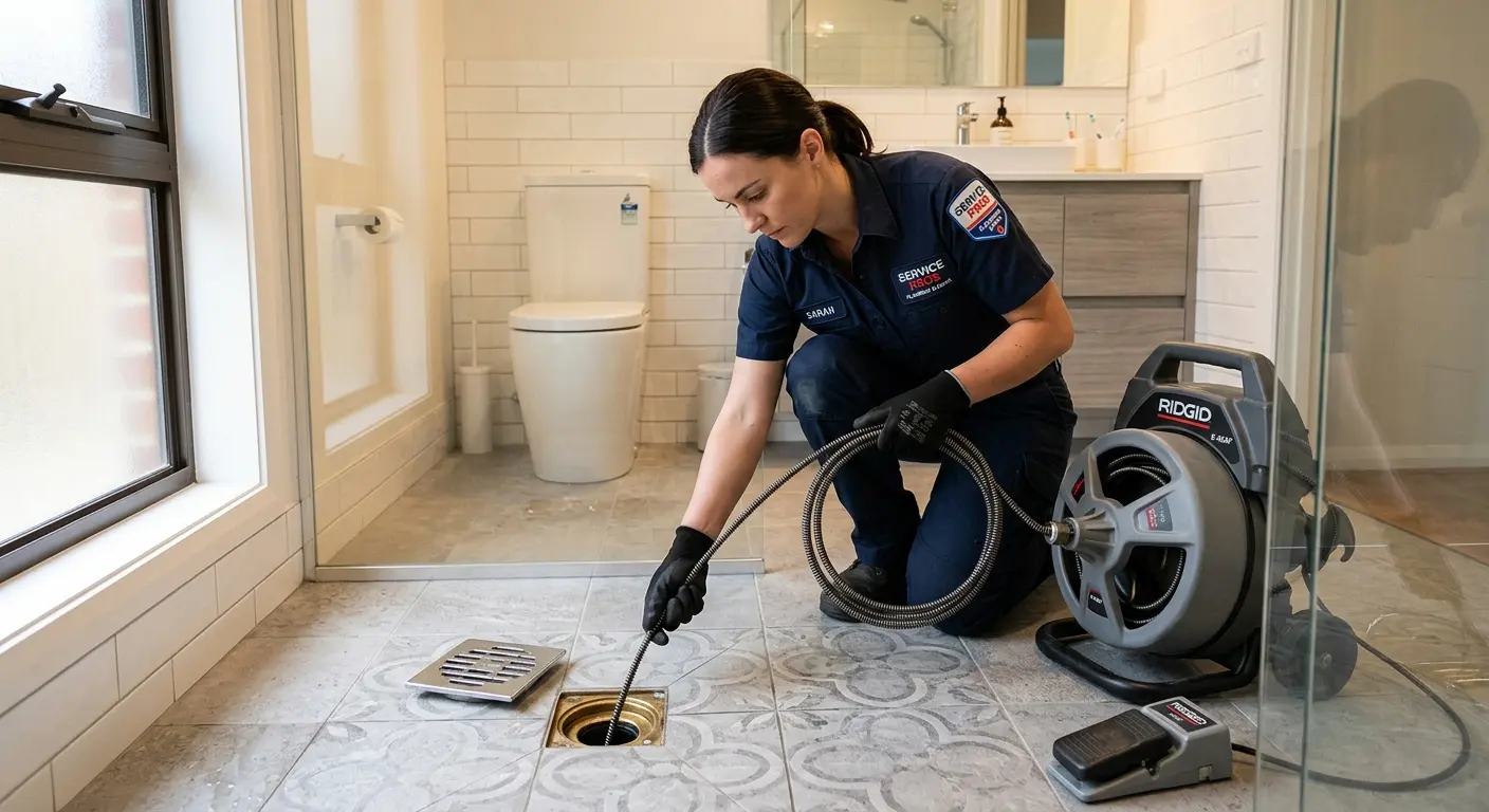 Technician clearing a bathroom floor drain for Sewer Line Replacement in Barberton